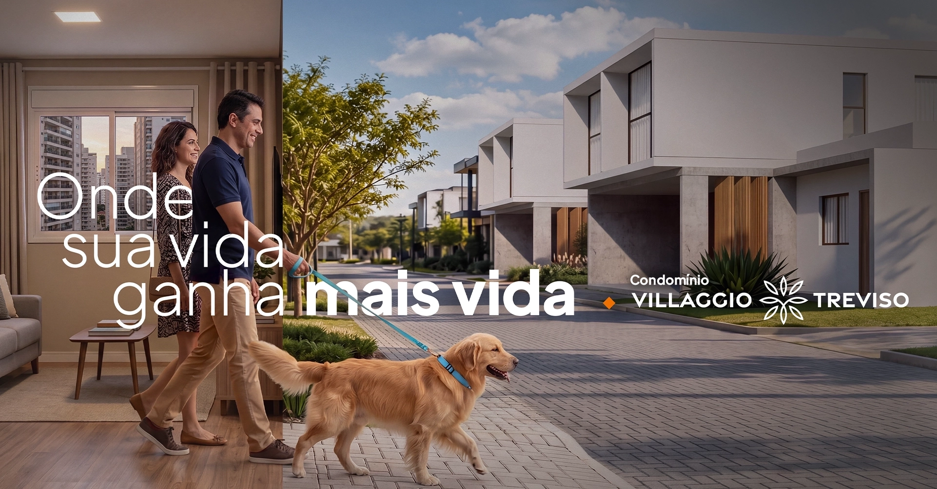 Casal caminhando com o cachorro pelas ruas do Villaggio Treviso — onde sua vida ganha mais vida